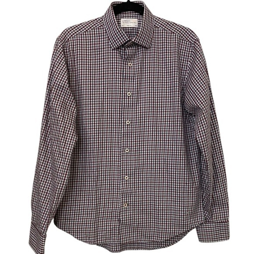 Lorenzo Uomo Trim Fit 15.5 34/35 White Gray Red Check Gingham Button Front Shirt